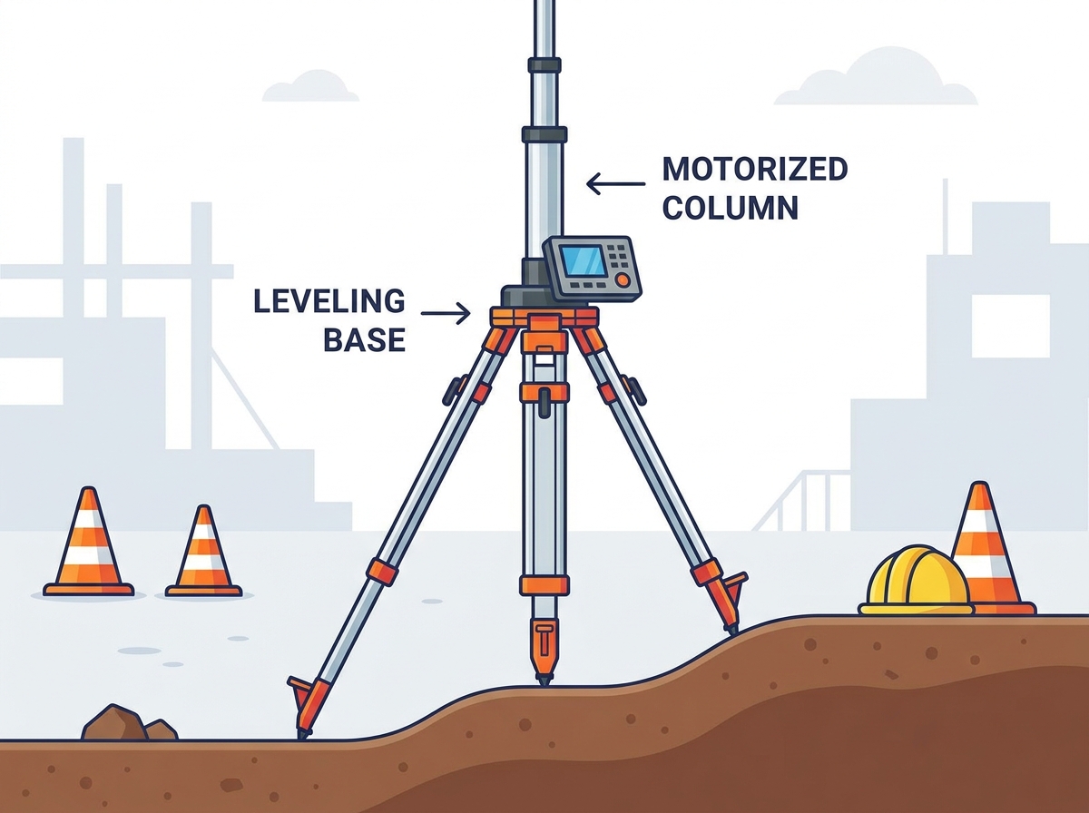 Motorized elevation tripod system setup on a construction site