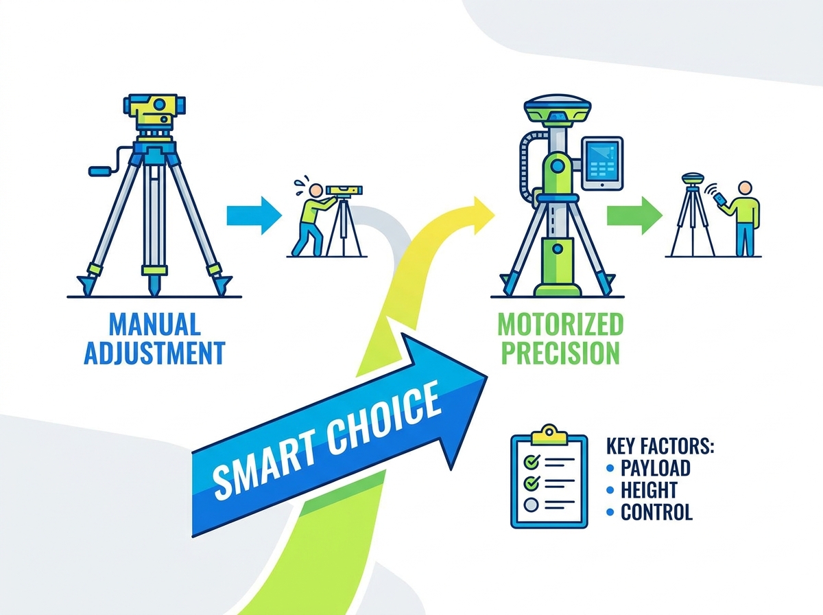 Motorized elevation tripod for surveying instruments setup