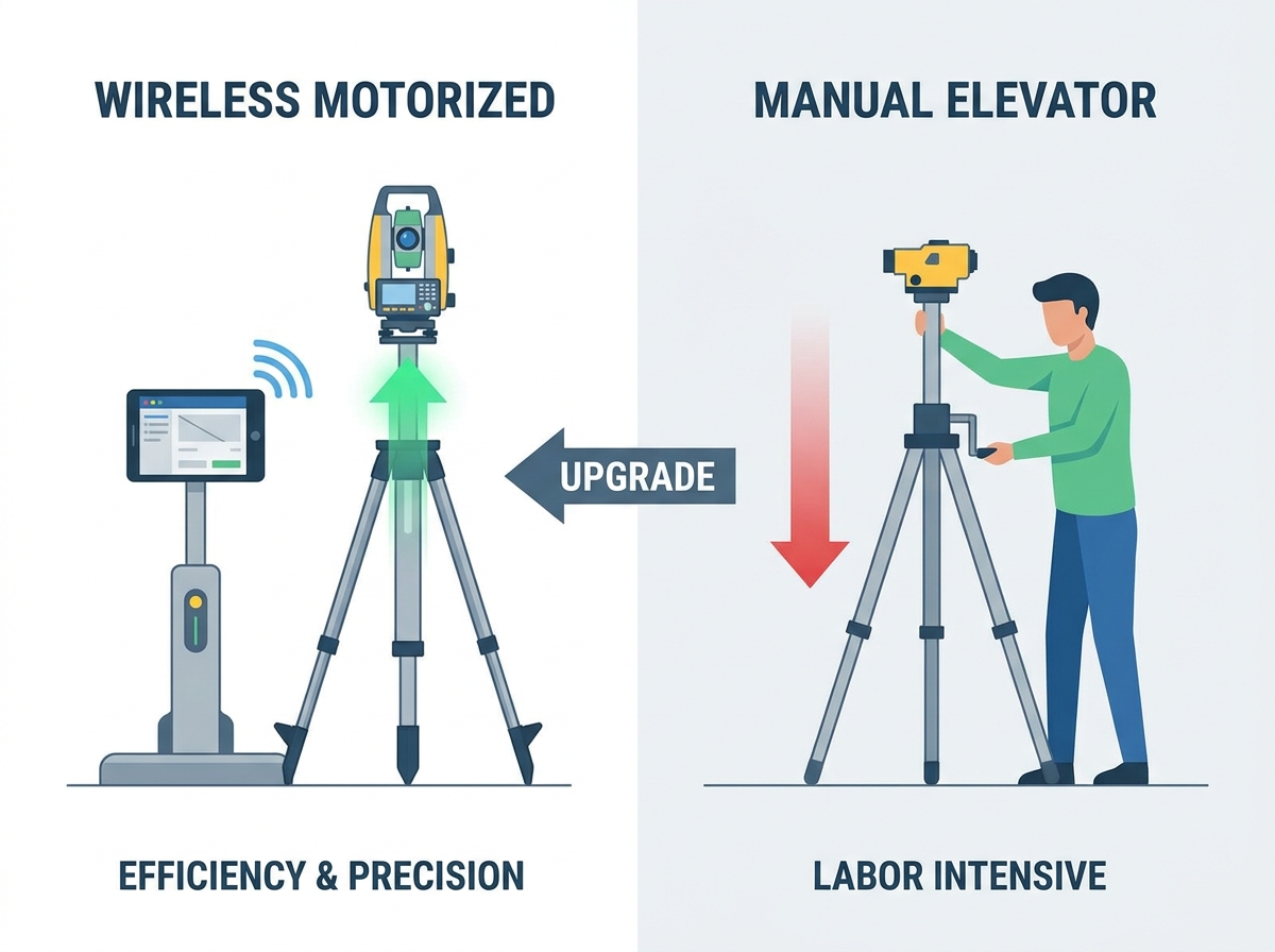 Surveyor operating a wireless motorized elevation tripod on site